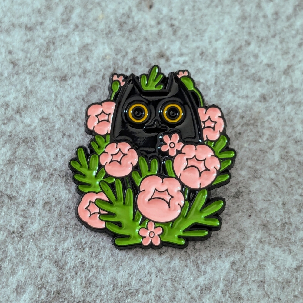 Cat With Flowers Pin - Black Cat with Pink Flowers